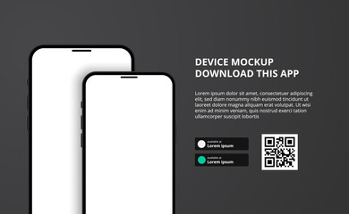 landing page banner advertising for downloading app for mobile phone, 3D double smartphone device mockup dark background. Download buttons with scan qr code template.