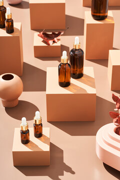 Bottles of essential oils on boxes
