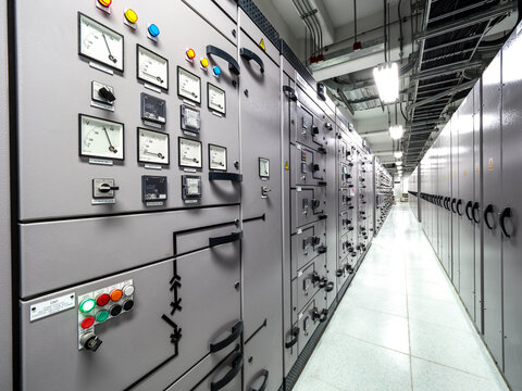 Electrical switchgear, Industrial electrical switch panel at substation in industrial zone at power plant with closed up high resolution 50M pixel concept which customer can use for large file.