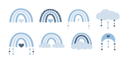 Scandinavian boho rainbows set with clouds, stars, drops, crescent in pastel blue colors. Celestial clip art. Hand drawn vector element for nursery decoration, baby shower. Vector flat illustration. © millering