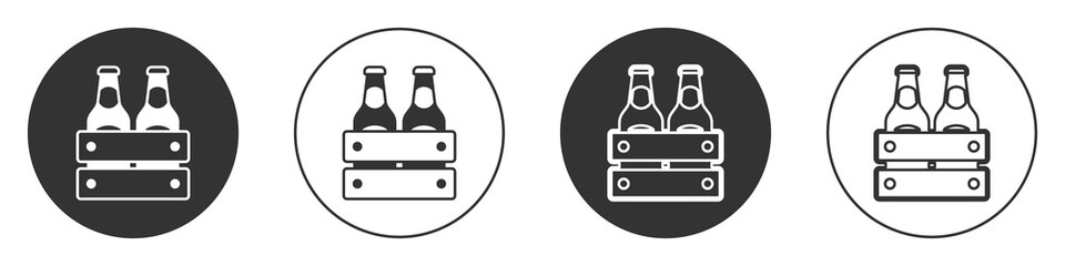 Black Pack of beer bottles icon isolated on white background. Wooden box and beer bottles. Case crate beer box sign. Circle button. Vector