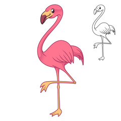 Cute Happy Pink Flamingo with Line Art Drawing, Animal Birds, Vector Character Illustration, Cartoon Mascot Logo in Isolated White Background.