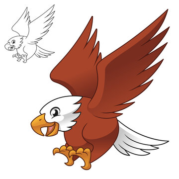 Cute Happy Eagle Falcom Hawk Flying Ready Pounce Prey with Line Art Drawing, Animal Birds, Vector Character Illustration, Cartoon Mascot Logo in Isolated White Background.