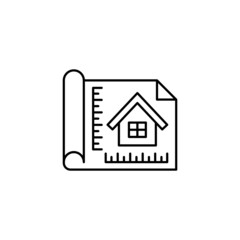 Architecture blueprint, construction, design icon in flat black line style, isolated on white background 