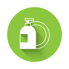 White Dishwashing liquid bottle and plate icon isolated with long shadow background. Liquid detergent for washing dishes. Green circle button. Vector