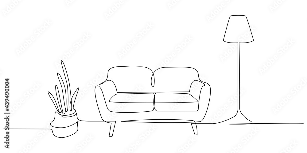 Leinwandbilder Continuous one line drawing of Sofa with lamp lampshade and home plant. Modern and furniture in simple Linear style. Doodle vector illustration