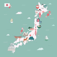Japan map and traditional culture symbols. hand drawn style vector design illustrations. 