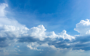 Naklejka na ściany i meble blue sky background with tiny clouds. panorama white fluffy clouds in the blue sky.Beautiful vast blue sky with amazing cloud background.Wide sky panorama with scattered cumulus clouds.