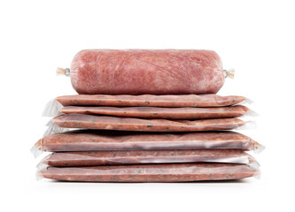Frozen meat packages in a pile. Vacuum sealed raw ground chicken and turkey, in a variety of...