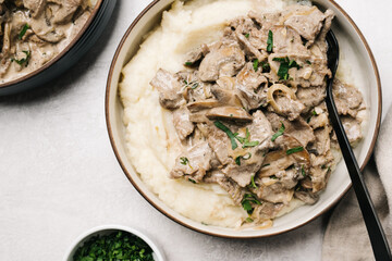 Keto Beef Stroganoff over mashed cauliflower