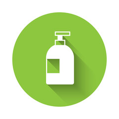 White Dishwashing liquid bottle icon isolated with long shadow background. Liquid detergent for washing dishes. Green circle button. Vector