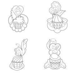 Contour linear illustration with sweet desserts for coloring book. Muffins and cupcakes, anti stress picture. Line art design for adult or kids  in zentangle style and coloring page.