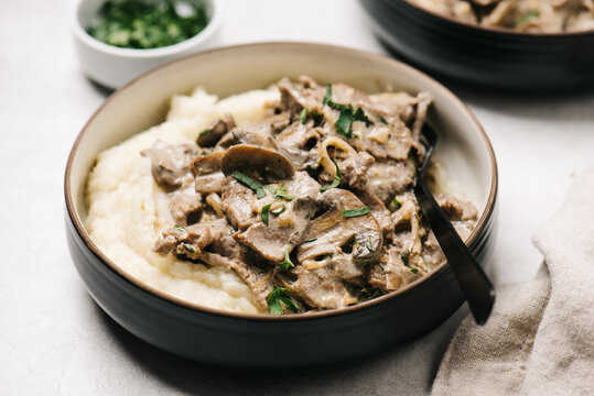 Keto Beef Stroganoff over mashed cauliflower