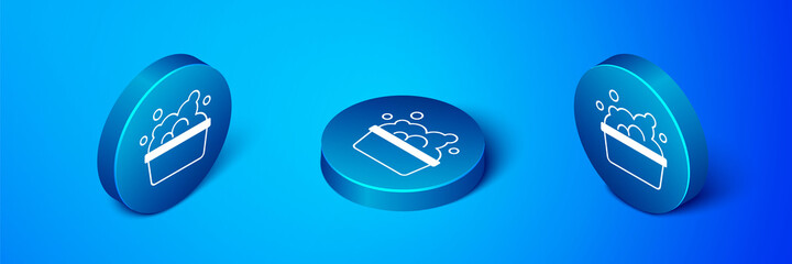 Isometric Plastic basin with soap suds icon isolated on blue background. Bowl with water. Washing clothes, cleaning equipment. Blue circle button. Vector