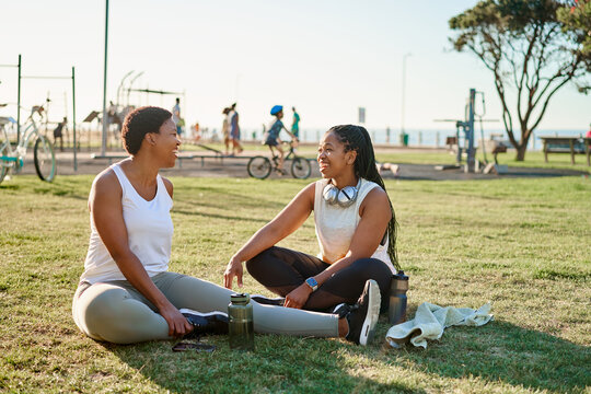 post workout fitness friends in urban park