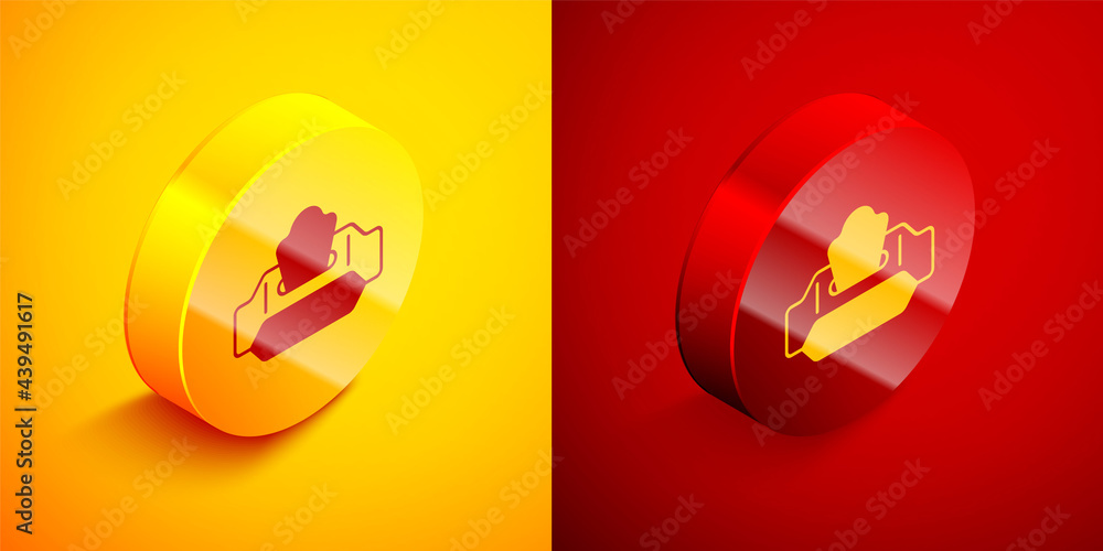 Poster isometric wet wipe pack icon isolated on orange and red background. circle button. vector