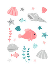 Modern poster with fun smiling fish and see underwater creatures, shell and starfish for nursery, cards or invitation. Hand drawn vector illustration in pastel colors isolated on white background