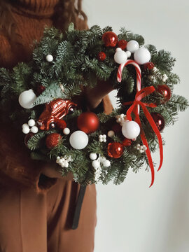 Beautiful New Year wreath in red colors