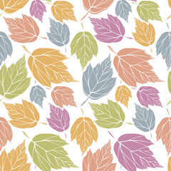 Falling leaves silhouettes seamless pattern. Multicolored foliage boundless background. Pastel herbal endless texture. Leaves contours repeating surface design. Cute colorful botanic backdrop.