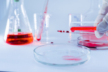 Medical laboratory. A hand in a medical glove pours blood into a petri dish for analysis. Laboratory tests.