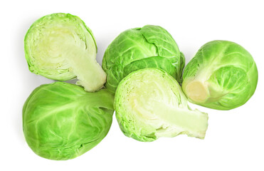 Brussel Sprouts heap isolated on white background. Fresh raw  brussels cabbage top view.