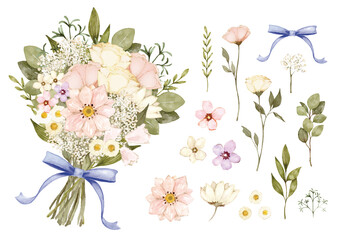 花束と花の素材の水彩イラストセット