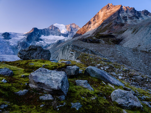 Panorama of Moriy glacier at sunrise