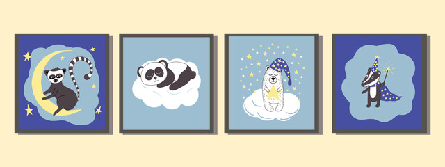 posters for Nursery room decor. set of children prints with cute animals. hand drawn doodle. vector, cartoon, minimalism. newborn, sticker, card.