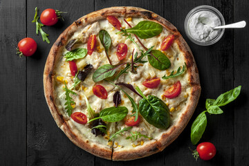 Top view of Hawaiian pizza with chicken, pineapple and corn