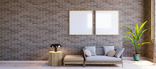 3d rendering,3d illustration, Interior Scene and Frame mockup, dark brick wall wooden furniture upholstered fabric.