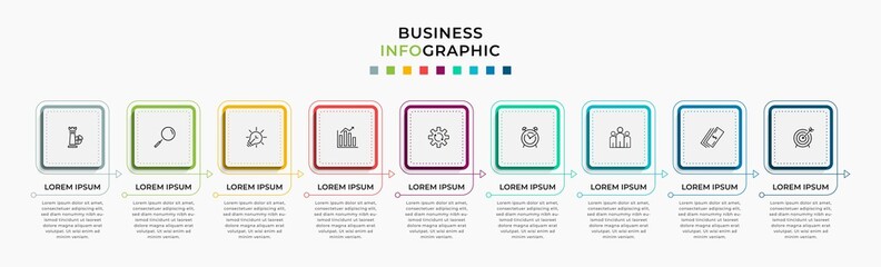 Fototapeta premium Vector Infographic design business template with icons and 9 options or steps. Can be used for process diagram, presentations, workflow layout, banner, flow chart, info graph