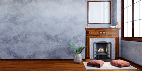 3d rendering,3d illustration, Interior Scene and  Mockup,Empty wall and fireplace decorate with concrete wall and wood floor, pillow on carpet