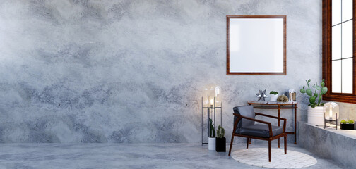 3d rendering,3d illustration, Interior Scene and Frame mockup, Polished plaster walls, dark wood furniture.