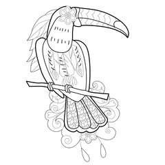 Contour linear illustration with bird for coloring book. Cute toucan, anti stress picture. Line art design for adult or kids  in zentangle style and coloring page. © Anna Tyukhmeneva