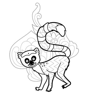 Contour linear illustration with animal for coloring book. Cute lemur, anti stress picture. Line art design for adult or kids  in zentangle style and coloring page.