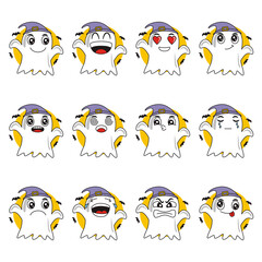 cartoon illustration of a ghost flying at night with various funny facial expressions