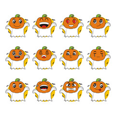 cartoon illustration of pumpkin ghost wandering around at night with various funny facial expressions