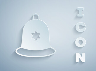 Paper cut British police helmet icon isolated on grey background. Paper art style. Vector