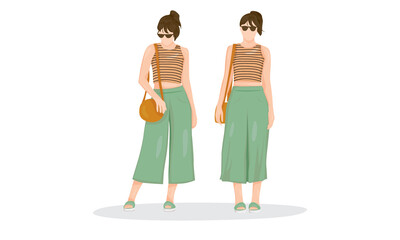 A girl with casual outfit want to go chill with her friend at the Mall. She wearing shirt, yellow pants, shoulder bag and glasses.