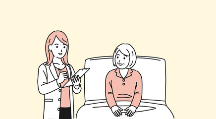 入院する年配の女性と医者　シニア　高齢者　患者　説明　イラスト素材