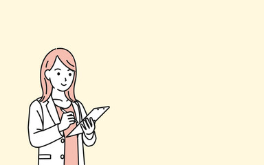 カルテを書く医者　女医　白衣を着た女性　療録　記録　コピースペース　イラスト素材