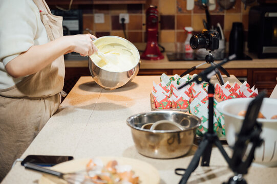 asian woman baking at home