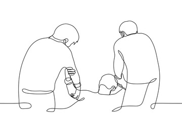 two men lift the fallen man by the hands - one line drawing. concept of ambulance, care, support, help to climb, nurses raise the patient