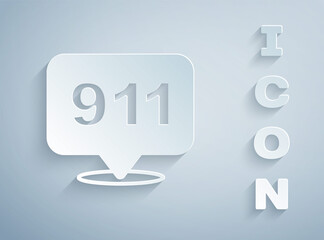 Paper cut Telephone with emergency call 911 icon isolated on grey background. Police, ambulance, fire department, call, phone. Paper art style. Vector