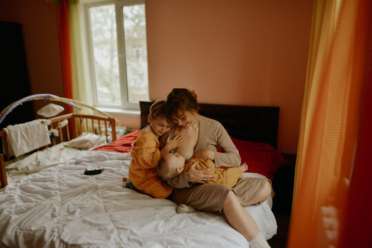 
young mother and her sons