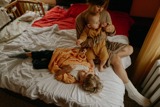 
young mother and her sons