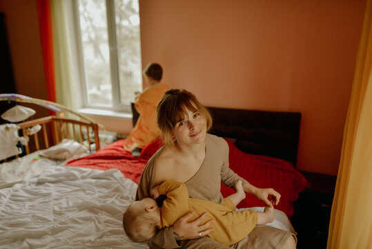 
young mother and her sons