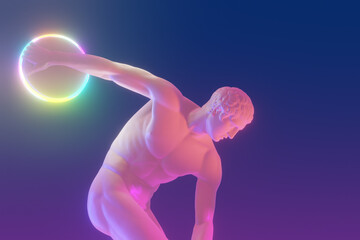 Vaporwave illustration of Greek statue of Discobolus holding a neon disk 
