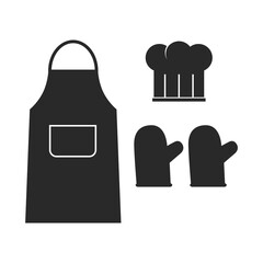 Chef Hat, Apron, Cooking Gloves Icon Vector Set. Silhouette Design
