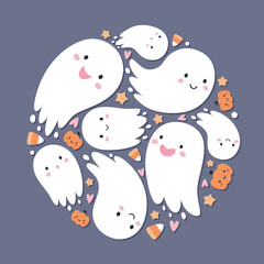 Halloween circle ornament with cute ghosts, pumpkins, and candy corns. Cartoon style vector illustration.